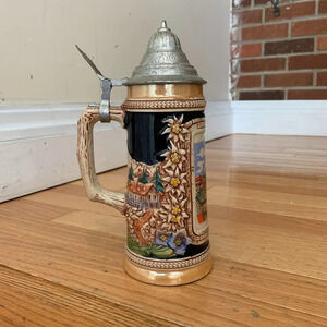 Vintage GERZIT German Beer Stein Handgemalt with Pewter Lid